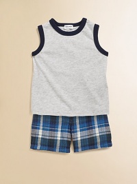 Crafted in plush cotton, this handsome man's little set is mad for plaid shorts and topped with a contrasting trimmed knit.CrewneckSleevelessPullover styleElastic waistCottonMachine washImported Crafted in plush cotton, this handsome man's little set is mad for plaid shorts and topped with a contrasting trimmed knit.CrewneckSleevelessPullover styleElastic waistCottonMachine washImported