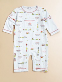 Cheery little freight trains chug and puff their way across soft pima cotton knit to keep your little guy comfy as he follows his own track.Solid color polo collar Contrast stitching Long sleeves Patch chest pocket with locomotive embroidery Front snaps Snap legs Cotton Machine wash Imported Please note: Number of snaps may vary depending on size ordered. Cheery little freight trains chug and puff their way across soft pima cotton knit to keep your little guy comfy as he follows his own track.Solid color polo collar Contrast stitching Long sleeves Patch chest pocket with locomotive embroidery Front snaps Snap legs Cotton Machine wash Imported Please note: Number of snaps may vary depending on size ordered.
