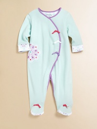 A plush cotton footie is adorned with contrasting trim, bows and vivid crystal design for precious baby style.V-neckLong sleevesSnap-frontBottom snapsCottonMachine washImported Please note: Number of buttons/snaps may vary depending on size ordered. 