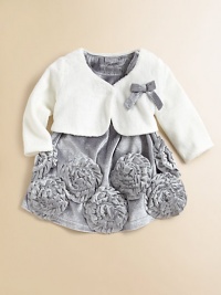 A lush, textural set pairs a fuzzy cardigan with a gorgeous panne velvet frock, accented with lovely rosettes. Cardigan Button frontLong sleevesFront bow detailCropped Dress BoatneckBack button closureShort sleevesRosette details at hemMatching elasticized bloomersPolyesterMachine washImported Please note: Number of buttons may vary depending on size ordered. A lush, textural set pairs a fuzzy cardigan with a gorgeous panne velvet frock, accented with lovely rosettes. Cardigan Button frontLong sleevesFront bow detailCropped Dress BoatneckBack button closureShort sleevesRosette details at hemMatching elasticized bloomersPolyesterMachine washImported Please note: Number of buttons may vary depending on size ordered.