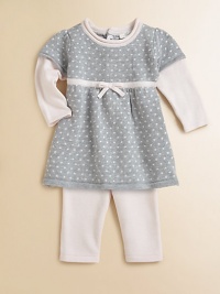 In soft knit cotton with pretty polka-dot details, this two-piece set is super comfy and super cute. Dress CrewneckBack button closureShort over long sleevesEmpire waist with bow detail Leggings Pull-on styleCottonMachine washImported Please note: Number of buttons may vary depending on size ordered. In soft knit cotton with pretty polka-dot details, this two-piece set is super comfy and super cute. Dress CrewneckBack button closureShort over long sleevesEmpire waist with bow detail Leggings Pull-on styleCottonMachine washImported Please note: Number of buttons may vary depending on size ordered.