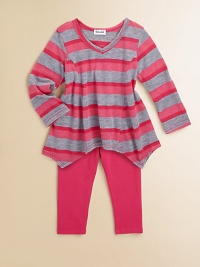 A striped tunic with an asymmetrical hem sits atop a pair of matching leggings for a pretty ensemble. Tunic V-neckLong sleevesPullover stylePrincess seamsAsymmetrical hem Leggings Elastic waistband68% polyester/32% cottonMachine washImported A striped tunic with an asymmetrical hem sits atop a pair of matching leggings for a pretty ensemble. Tunic V-neckLong sleevesPullover stylePrincess seamsAsymmetrical hem Leggings Elastic waistband68% polyester/32% cottonMachine washImported