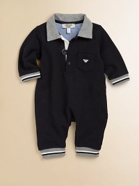 Snug and handsome, combining the style of a polo with the simplicity of a logo-embroidered one-piece.Polo collarLong sleevesFront button placketBottom snapsFully lined92% cotton/8% elastaneDry cleanImported Please note: Number of buttons/snaps may vary depending on size ordered. Snug and handsome, combining the style of a polo with the simplicity of a logo-embroidered one-piece.Polo collarLong sleevesFront button placketBottom snapsFully lined92% cotton/8% elastaneDry cleanImported Please note: Number of buttons/snaps may vary depending on size ordered.