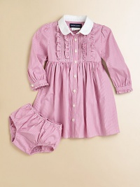 Classically preppy striped poplin with a touch of ruffles makes for a perfect dress for any occasion.Embroidered club collarLong puffed sleevesButton-frontGathered empire waistFull skirtCottonMachine washImported Please note: Number of buttons may vary depending on size ordered. Classically preppy striped poplin with a touch of ruffles makes for a perfect dress for any occasion.Embroidered club collarLong puffed sleevesButton-frontGathered empire waistFull skirtCottonMachine washImported Please note: Number of buttons may vary depending on size ordered.