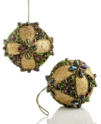 Taking inspiration from the regal peacock, this set of two ornaments feature an abundance of sparkling beads and glitter for an enchanting allure. With gold cord hanging thread. Taking inspiration from the regal peacock, this set of two ornaments feature an abundance of sparkling beads and glitter for an enchanting allure. With gold cord hanging thread.