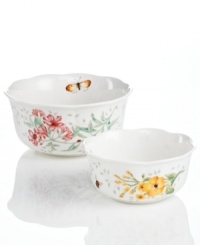 The whimsical butterflies and blooms of Butterfly Meadow dinnerware grace these charming nesting bowls, an irresistible way to serve casual meals. With scalloped detail in white porcelain. The whimsical butterflies and blooms of Butterfly Meadow dinnerware grace these charming nesting bowls, an irresistible way to serve casual meals. With scalloped detail in white porcelain.