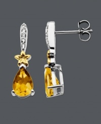 Add a little sunshine to your look. These dazzling drops feature pear-cut citrine (1 ct. t.w.) and sparkling white topaz accents. Setting crafted in sterling silver and 14k gold. Approximate drop: 9/10 inch. Add a little sunshine to your look. These dazzling drops feature pear-cut citrine (1 ct. t.w.) and sparkling white topaz accents. Setting crafted in sterling silver and 14k gold. Approximate drop: 9/10 inch.