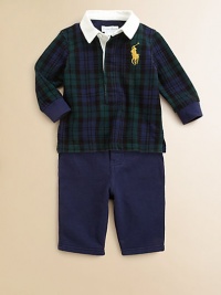A long-sleeved cotton mesh rugby shirt is paired with a fleece athletic pant and finished in a classic plaid for authentic sporting style. Rugby Twill collarLong sleeves with ribbed cuffsButton-frontEven-vented hem PantsElastic waistband with sewn bowSewn faux flyAngled hand pocketsCottonMachine washImported Please note: number of buttons may vary depending on size ordered. A long-sleeved cotton mesh rugby shirt is paired with a fleece athletic pant and finished in a classic plaid for authentic sporting style. Rugby Twill collarLong sleeves with ribbed cuffsButton-frontEven-vented hem PantsElastic waistband with sewn bowSewn faux flyAngled hand pocketsCottonMachine washImported Please note: number of buttons may vary depending on size ordered.