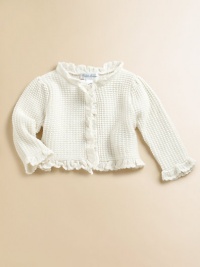 Eyelet ruffled add a sweet touch to this cloud-soft sweater in a light-yet-warm popcorn stitch.Ruffled crew necklineOne button closureLong sleevesRuffled trim at collar, placket, cuffs and hemViscose/nylon/lambswool/cotton/cashmereHand washImported Eyelet ruffled add a sweet touch to this cloud-soft sweater in a light-yet-warm popcorn stitch.Ruffled crew necklineOne button closureLong sleevesRuffled trim at collar, placket, cuffs and hemViscose/nylon/lambswool/cotton/cashmereHand washImported