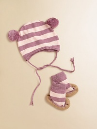 This adorably striped set offers a bold, fun take on two baby basics. Hat Braided tie closurePom-pom ears Booties Pull-on style with knit cuffsBottom tractionCottonMachine washImported This adorably striped set offers a bold, fun take on two baby basics. Hat Braided tie closurePom-pom ears Booties Pull-on style with knit cuffsBottom tractionCottonMachine washImported