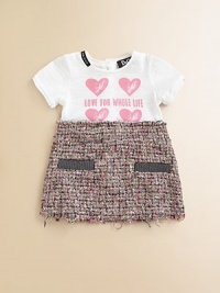 A sweet heart print tee on top and a chic, chunky tweed below create a charming combination for your young style maven.Round necklineShort sleevesFront screenBack buttonsTweed skirt frayed at waist and hemFaux pocket openings54% cotton/38% viscose/6% polyamide/2% acetateDry cleanImported A sweet heart print tee on top and a chic, chunky tweed below create a charming combination for your young style maven.Round necklineShort sleevesFront screenBack buttonsTweed skirt frayed at waist and hemFaux pocket openings54% cotton/38% viscose/6% polyamide/2% acetateDry cleanImported