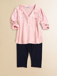 A pale hued tunic sits atop a pair of cozy leggings for a wear everywhere ensemble.Pointed collarLong sleeves with roll-up cuffsPullover styleChest flap pocketsElastic waistbandTunic: 50% modal/50% cottonLeggings: 47% cotton/47% modal/6% spandexMachine washImported A pale hued tunic sits atop a pair of cozy leggings for a wear everywhere ensemble.Pointed collarLong sleeves with roll-up cuffsPullover styleChest flap pocketsElastic waistbandTunic: 50% modal/50% cottonLeggings: 47% cotton/47% modal/6% spandexMachine washImported