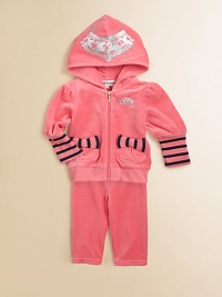 This adorable, coordinating velour set includes a zip-front hoodie with stripes, bows and matching sweatpants for a look that marries fashion and function.Attached hoodLong puff sleevesFront zipFront patch pocketsElastic waistbandJacket: 78% cotton/22% polyesterPants: CottonMachine washImported This adorable, coordinating velour set includes a zip-front hoodie with stripes, bows and matching sweatpants for a look that marries fashion and function.Attached hoodLong puff sleevesFront zipFront patch pocketsElastic waistbandJacket: 78% cotton/22% polyesterPants: CottonMachine washImported