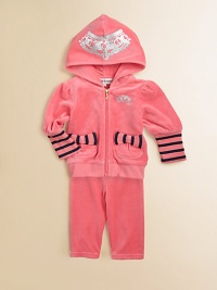 This adorable, coordinating velour set includes a zip-front hoodie with stripes, bows and matching sweatpants for a look that marries fashion and function.Attached hoodLong puff sleevesFront zipFront patch pocketsElastic waistbandJacket: 78% cotton/22% polyesterPants: CottonMachine washImported