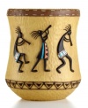 Revered by Native Americans, Kokopelli gives your bathroom an authentically Southwestern vibe. Saddle stitching frames the dancing deity on this dimpled wastebasket.
