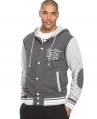 This sporty Rocawear hoodie offers the stylish swagger of a varsity jacket mixed with the coziness of a sweatshirt. This sporty Rocawear hoodie offers the stylish swagger of a varsity jacket mixed with the coziness of a sweatshirt.