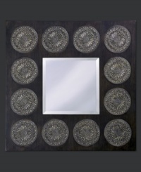 Square, dark and handsome. Distinguished by a wide frame of stained oak with bronze-overlay medallions, the Hayworth wall mirror is a sophisticated addition to the bedroom, living room or dining area. Square, dark and handsome. Distinguished by a wide frame of stained oak with bronze-overlay medallions, the Hayworth wall mirror is a sophisticated addition to the bedroom, living room or dining area.