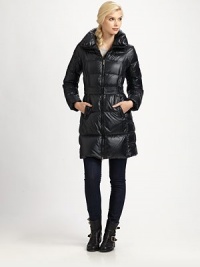 The belt creates a feminine silhouette as this shiny jacket keeps its wearer warm.Stand collarDouble zipperSlash pocketsBelted silhouetteAbout 32 from shoulder to hemNylonFill: goose down feathersDry cleanImported Model shown is 5'10 (177cm) wearing US size 4. The belt creates a feminine silhouette as this shiny jacket keeps its wearer warm.Stand collarDouble zipperSlash pocketsBelted silhouetteAbout 32 from shoulder to hemNylonFill: goose down feathersDry cleanImported Model shown is 5'10 (177cm) wearing US size 4.