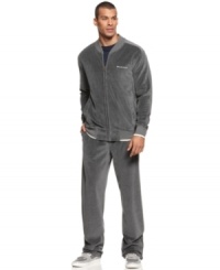 Made from soft fleece, this velour track suit by Sean John will have you chilling in serious style. Made from soft fleece, this velour track suit by Sean John will have you chilling in serious style.