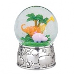 The Jungle Parade Waterglobe from Reed & Barton features a cheery jungle scene starring a giraffe, elephant and hippo, and the silverplate base features the animals on parade.
