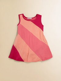 Panels of plush, contrasting fabric and flared skirt add structure to an easy-to-wear colorblock silhouette for baby.Round necklineSleevelessPullover style95% rayon/5% spandexHand washMade in USA Panels of plush, contrasting fabric and flared skirt add structure to an easy-to-wear colorblock silhouette for baby.Round necklineSleevelessPullover style95% rayon/5% spandexHand washMade in USA