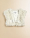 Add instant glamorous appeal to any style with this playful faux fur shrug complete with a satin bow accent.Faux fur designV-neckCap sleevesBow accentFront snap closurePolyester/acrylic/modacrylicMachine washImported