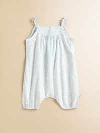 A pretty pastel print on light woven cotton gives your little girl the ultimate in cool comfort when the weather heats up.Shoulder tiesSquare neckline/li> Front and back yoke with soft gatheringButtons at each sideElasticized leg openingsMachine washImported A pretty pastel print on light woven cotton gives your little girl the ultimate in cool comfort when the weather heats up.Shoulder tiesSquare neckline/li> Front and back yoke with soft gatheringButtons at each sideElasticized leg openingsMachine washImported