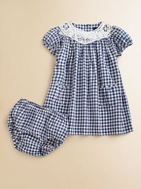 An intricate lace collar lends a hint of vintage-inspired style to an airy cotton dress in a preppy gingham print.Lace crewneckShort puffed sleevesBack button placketPleated patch pocketsSingle back ventCottonMachine washImported Please note: Number of buttons may vary depending on size ordered. An intricate lace collar lends a hint of vintage-inspired style to an airy cotton dress in a preppy gingham print.Lace crewneckShort puffed sleevesBack button placketPleated patch pocketsSingle back ventCottonMachine washImported Please note: Number of buttons may vary depending on size ordered.