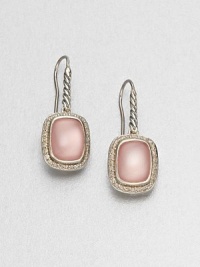 From the Noblesse Collection. A pretty pink chalcedony cabochon surrounded by brilliant diamonds set in sterling silver. Pink chalcedonyDiamonds, .42 tcwSterling silverLength, about .39Hook backImported 