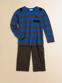 A sporty look, just like the big kids, with stripes on top and knit cargos underneath. TopRibbed V necklineStriped shoulder detailPatch chest pocketLong hemmed sleeves Pants Elastic waistbandOne front cargo pocketOne pack patch pocketTop: polyester/cotton/micromodalPants: cotton/spandexMachine washImportedAdditional InformationKid's Apparel Size Guide A sporty look, just like the big kids, with stripes on top and knit cargos underneath. TopRibbed V necklineStriped shoulder detailPatch chest pocketLong hemmed sleeves Pants Elastic waistbandOne front cargo pocketOne pack patch pocketTop: polyester/cotton/micromodalPants: cotton/spandexMachine washImportedAdditional InformationKid's Apparel Size Guide