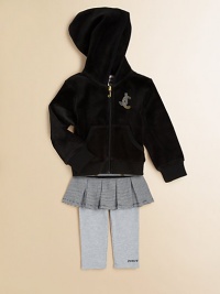 The velour hoodie that started a mini fashion revolution is paired with a pair of skirted leggings for a pretty, cozy ensemble. Hoodie Attached hoodLong sleevesZip-frontSplit kangaroo pocketLeggings Elastic waistbandAttached skirtHoodie: CottonLeggings: 96% cotton/4% spandexMachine washImported The velour hoodie that started a mini fashion revolution is paired with a pair of skirted leggings for a pretty, cozy ensemble. Hoodie Attached hoodLong sleevesZip-frontSplit kangaroo pocketLeggings Elastic waistbandAttached skirtHoodie: CottonLeggings: 96% cotton/4% spandexMachine washImported