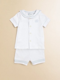 An adorable nautical-inspired ensemble, featuring embroidered sailboats and a colorful piping, is knit from luxuriously soft Pima cotton.Embroidered sailor collarShort sleevesFront buttonsBottom snapsPima cottonElastic waistbandMachine washImported Please note: Number of buttons and snaps may vary depending on size ordered. An adorable nautical-inspired ensemble, featuring embroidered sailboats and a colorful piping, is knit from luxuriously soft Pima cotton.Embroidered sailor collarShort sleevesFront buttonsBottom snapsPima cottonElastic waistbandMachine washImported Please note: Number of buttons and snaps may vary depending on size ordered.