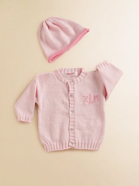 A cozy set for the precious one in soft cotton. Includes cardigan and matching hat Pearlized button front Cotton; machine wash Made in USASIZING GUIDEXX-Small = 6-9 monthsX-Small = 12-18 monthsSmall = Size 2-4Medium = Size 6-8Large = Size 10FOR PERSONALIZATION Select a quantity, then scroll down and click on PERSONALIZE & ADD TO BAG to choose and preview your monogramming options. Please allow 4-6 weeks for delivery. A cozy set for the precious one in soft cotton. Includes cardigan and matching hat Pearlized button front Cotton; machine wash Made in USASIZING GUIDEXX-Small = 6-9 monthsX-Small = 12-18 monthsSmall = Size 2-4Medium = Size 6-8Large = Size 10FOR PERSONALIZATION Select a quantity, then scroll down and click on PERSONALIZE & ADD TO BAG to choose and preview your monogramming options. Please allow 4-6 weeks for delivery.
