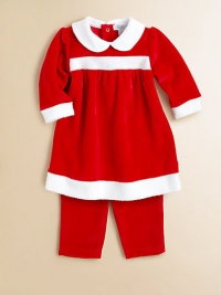 Your little Ms. Claus is a present all her own in this festive, plush velour and sherpa-trimmed dress and pants set.Peter Pan collarLong sleeves with sherpa cuffsBack snapsHigh-waistedSherpa hemElastic waistband80% cotton/20% polyesterMachine washImported Please note: Number of snaps may vary depending on size ordered. 