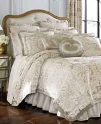 Allover opulence is achieved with this Alexandria window valance from J Queen, featuring a silver landscape adorned with floral and diamond stitching. Allover opulence is achieved with this Alexandria window valance from J Queen, featuring a silver landscape adorned with floral and diamond stitching.