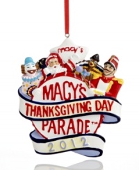 Trim your tree in a favorite holiday tradition – Macy's Thanksgiving Day Parade! A clown, Santa Claus and other familiar faces march to the beat of the 2012 drum in this must-have Macy's Christmas ornament. Trim your tree in a favorite holiday tradition – Macy's Thanksgiving Day Parade! A clown, Santa Claus and other familiar faces march to the beat of the 2012 drum in this must-have Macy's Christmas ornament.