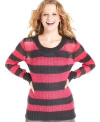 Plush knit design lends comfy-cozy charm to this striped sweater from It's Our Time! Style the cool-weather staple with a cami and trusty jeans for your toastiest look yet. Plush knit design lends comfy-cozy charm to this striped sweater from It's Our Time! Style the cool-weather staple with a cami and trusty jeans for your toastiest look yet.