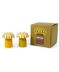 Travel back in time when you sit down at your table. Shrooms salt and pepper shakers by Jonathan Adler are a blast from the hippie past, striped in groovy yellow and green. Travel back in time when you sit down at your table. Shrooms salt and pepper shakers by Jonathan Adler are a blast from the hippie past, striped in groovy yellow and green.