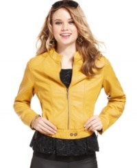 You'll be the brightest biker chick around in Jou Jou's faux-leather motorcycle jacket! The shrunken design makes the layer a cool match to billowy tops and dresses. You'll be the brightest biker chick around in Jou Jou's faux-leather motorcycle jacket! The shrunken design makes the layer a cool match to billowy tops and dresses.