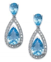 Bright blue hues brighten any look. Set in sterling silver, these teardrop-shaped earrings feature pear-cut blue topaz (6-1/2 ct. t.w.) and sparkling round-cut diamonds (1/5 ct. t.w.). Approximate drop: 1 inch. Bright blue hues brighten any look. Set in sterling silver, these teardrop-shaped earrings feature pear-cut blue topaz (6-1/2 ct. t.w.) and sparkling round-cut diamonds (1/5 ct. t.w.). Approximate drop: 1 inch.