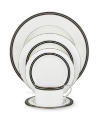 In the hands of kate spade, black and white is anything but basic. Dancing ebony stitched stripes provide a stunning contrast to the pristine china of the Union Street dinner plates. In the hands of kate spade, black and white is anything but basic. Dancing ebony stitched stripes provide a stunning contrast to the pristine china of the Union Street dinner plates.