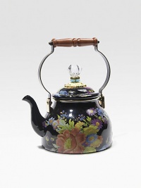 A heavy-guage steel underbody is glazed with a luch floral pattern, and rimmed in brozed stainless steel.Wooden handleGlass finial-topped lidTwo-quart capacity10.5H X 7diam.Stainless steelHand washImported A heavy-guage steel underbody is glazed with a luch floral pattern, and rimmed in brozed stainless steel.Wooden handleGlass finial-topped lidTwo-quart capacity10.5H X 7diam.Stainless steelHand washImported