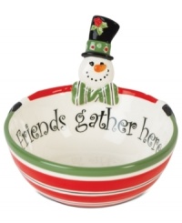 Gather family and friends around the table and admire this whimsical Fitz and Floyd snowman tidbit bowl. Festive stripes, an over-the-top hat and the sentiment inside get everyone in the spirit. Gather family and friends around the table and admire this whimsical Fitz and Floyd snowman tidbit bowl. Festive stripes, an over-the-top hat and the sentiment inside get everyone in the spirit.
