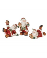 From Fitz & Floyd, this three piece collectible figurine set depicts woodland Santa and his friends at play. It will surely become a treasured addition to your holiday collection. From Fitz & Floyd, this three piece collectible figurine set depicts woodland Santa and his friends at play. It will surely become a treasured addition to your holiday collection.