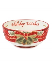 Perfect accessory for the holidays from Fitz and Floyd's collection of serveware and serving dishes. Festively decorated in red and green and inscribed with a holiday sentiment, Damask Sentiment bowl will be a treasured addition to any collection. Perfect accessory for the holidays from Fitz and Floyd's collection of serveware and serving dishes. Festively decorated in red and green and inscribed with a holiday sentiment, Damask Sentiment bowl will be a treasured addition to any collection.