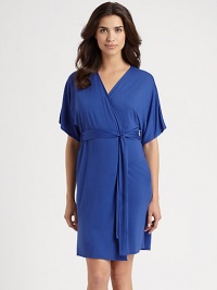 Lightweight jersey fabric forms this casual silhouette with a self-tie waist for style and ease. V-neckShort sleevesSelf-tie waistAbout 36 from shoulder to hem65% modal/35% polyesterMachine washImported Lightweight jersey fabric forms this casual silhouette with a self-tie waist for style and ease. V-neckShort sleevesSelf-tie waistAbout 36 from shoulder to hem65% modal/35% polyesterMachine washImported