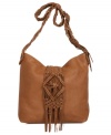 A little fringe goes a long way on this boho sling by Lucky Brand. Tonal suede macrame decorates this leather crossbody for a laid back urban-chic appeal.