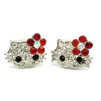 X-small 1/4 Kitty Stud Earrings w/ Red Flower Bow - Silver Plated