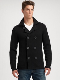 The signature look and feel of a cold weather favorite, shaped in a double-breasted silhouette, in a luxurious wool knit.Button-frontRibbed knit cuffs and hemWoolHand washImported The signature look and feel of a cold weather favorite, shaped in a double-breasted silhouette, in a luxurious wool knit.Button-frontRibbed knit cuffs and hemWoolHand washImported