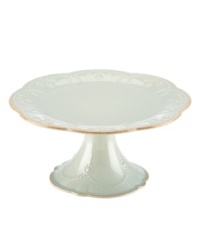 With fanciful beading and a feminine shape, this Lenox French Perle cake stand has an irresistibly old-fashioned sensibility. Hardwearing stoneware is dishwasher safe and, in an ethereal ice-blue hue with antiqued trim, a graceful addition to dessert. With fanciful beading and a feminine shape, this Lenox French Perle cake stand has an irresistibly old-fashioned sensibility. Hardwearing stoneware is dishwasher safe and, in an ethereal ice-blue hue with antiqued trim, a graceful addition to dessert.